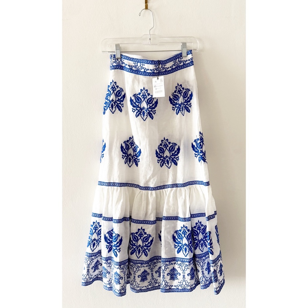 NEW Zara Linen White & Blue Embroidered Floral Tiered Long Skirt Size XS - Picture 6 of 11